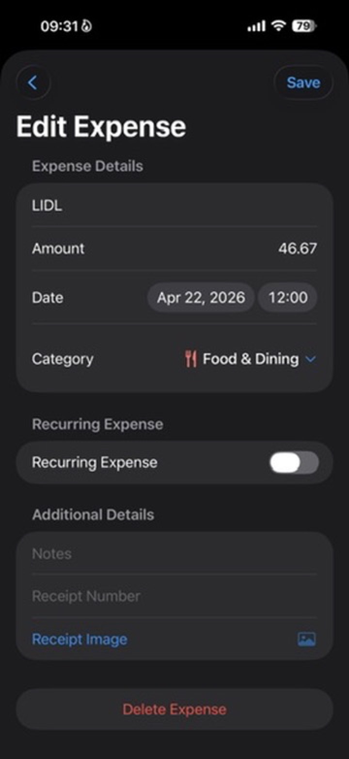 Expense details showing Food and Dining selected as the category.